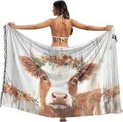 [XYMZR] Women's Sarong Swimsuit Coverups Cow Garland Board Retro Chiffon Bikini Wraps Skirt with Tassels L