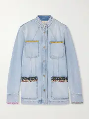[Valentino Garavani] Valentino Garavani - Embellished Printed Chiffon-trimmed Denim Jacket - Light denim - IT42 IT 42 Blue