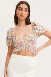 Print Puff Sleeve Top Short Sleeve Crop - Size 14, Women's Wrap Front Top