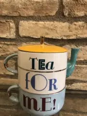 Anthropologie Retro Tea For Me Stackable 15.5oz Teapot And 12oz Cup Set New