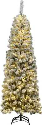 Costway 180cm Snow Flocked Prelit Christmas Tree, Premium Hinged Artificial X...