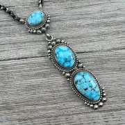 23" Blue Spiderweb Kingman turquoise Necklace, Sterling Silver Rolo Chain Navaj