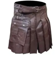 Mens Real BROWN Leather Gladiator Pleated Kilt LARP With Choice of Length