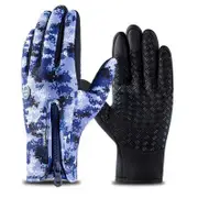 Outdoor Waterproof Camouflage Sports Touch Screen Ski Gloves Hiking Fishing Full Finger Zipper Gloves Blue camouflage_M