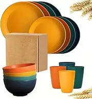 AIMALL 16-Piece Wheat Straw Tableware Set, Microwave-Safe Unbreakable Plates, Bowls, Cups for Home and Dining