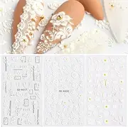 5D Stereoscopic Embossed Nail Art Stickers White Flower Nail Decals Relief Self-Adhesive Butterfly Nail Stickers Nail Art Supplies Nail Designs for Women DIY Acrylic Nail Decorations (3 Sheets)