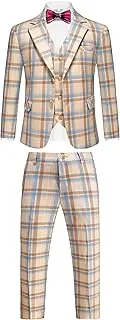 [UNINUKOO] Boys Tuxedo Suit Dress 3 Piece Plaid Clothes Graduation Wedding Formal Outfit Kids Suits for Teenage Boys
