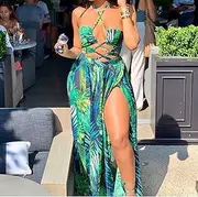 Print Green Leaves Chiffon Beach Long Dress Sexy Women Halter High Split Bikini Swimsuit Bathing Suit Cover Up Dress Be