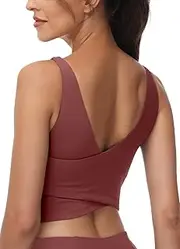 [Lykoxa] Longline Sports Bras for Women: V-Neck Built-in Bra Compression Padded Wirefree Crop Top for Yoga Gym Workout