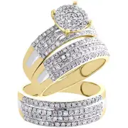 14K Yellow Gold Diamond Trio Set Cluster Bridal Ring + Tier Wedding Band 1.33 Ct