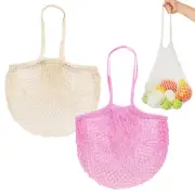 2-Pack Reusable Washable Mesh Net String Grocery Bags [Cream, Pink,Long Handle]