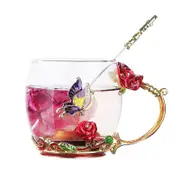 Catzon 2Pack Enamels Butterfly Flower Tea Cup with Spoon Gifts for Women Wife Mom Her-Red