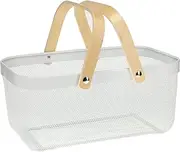 Kate's Kitchen Rectangle Steel Mesh Basket with Wooden Handle - Stylish White Storage Solution for Kitchen, Pantry, and Organisation