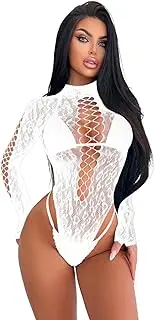[Generic] Women Sexy Sheer Fishnet Bodysuit, Cutout Backless High Leg Top One Piece Cover Up