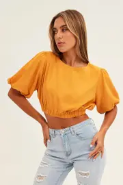 Orange Crop Top Half Sleeve Boat Neck Linen Blend - Size 14, Women's Crop Top
