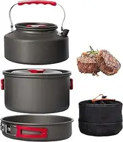 Non-Stick Lightweight Cooking Set, 3Pcs Camping Cookware Mess Kit, 1 Large Pot, 1 Frying Pan, 1.1L Kettle with Storage Mesh Bag, Foldable, Heat-Insulated and Scald-Proof, for Picnics