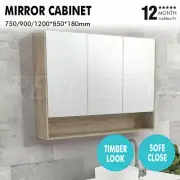 750/900/1200mm Mirror Cabinet Timber Look Oak Pencil Edge Soft Close Under Shelf