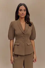 Opal Puff Sleeve Suiting Top - Cacao Brown
