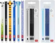 [Legami] Set of 6 Erasable Gel Pens + 6 Refills, with Thermosensitive Erase Ink, Black & Blue Ink, 0.7mm Tip, Panda, Cat, Bee, Shark, Elephant, & Hippo Design