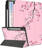[Wazzasoft] for Samsung Galaxy Tab S9 FE 5G Case, for Samsung Galaxy Tab S9 Case Cute Women Girls, Flower Girly Pretty Design Folio Cover with Pencil Holder, Floral for Galaxy Tablet S9/ S9 FE Case