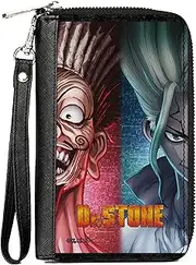 [Buckle-Down] Dr. Stone Wallet, Zip Around, Dr Stone Ibara Senku Split Pose and Title Logo Reds Blues, Vegan Leather