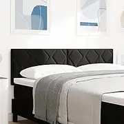 Black Velvet Wall-Mounted Headboard, Adjustable Height, Geometric Diamond Panels, Natural Wood Frame for Bedroom Decor