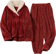 [Hongsui] Women' s Fluffy Pajamas Set Fleece Pullover Pants Loose Plush Sleepwear