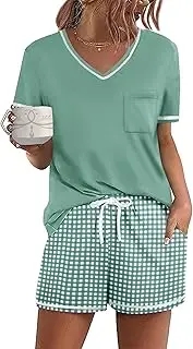 [Ekouaer] Women's Pajamas Sets Short Sleeve Pjs Two Piece Sleepwear Casual Lounge Sets With Pockets Plaid S, Plaid Green White, Small
