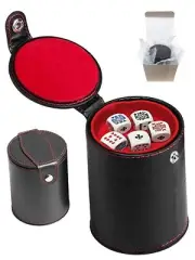 Poker Dice White Rounded Corners + PU Leather Red Lined Cup w/Compartment Boxed