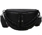 [Generic] Chest Bag Crossbody Purse for Women - Fashion PU Leather Shoulder Bag Women's Waist Bag with Gold Plastic Chain Strap, Belt Bag Travel Pouch (Black)