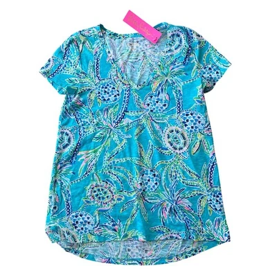 Lilly Pulitzer Bermuda Blue Turtle Season V neck Etta T-Shirt SIZE XS NWT $48