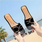 [YZZ] Womens Slippers Square Toe Flats Flip Flops Designer Ladies Slides Summer Sandals Women Shoes (Color : Black, Size : 40)