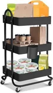 Kitchen 3 Tier Rolling Cart with Wheels Steel Storage Shelf Rack Organiser Wheels, Metal Rolling Cart, Storage Cart Black