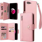 YocoverTech for iPhone 7 Plus Case,for iPhone 8 Plus Wallet Case[6 Card Slots and 1 Zipper Coin Pocket] PU Leather Stand Flip Cover with Wrist Strap[5.5inch]-Pink