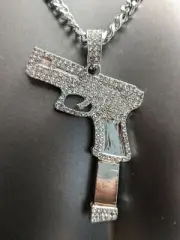 NEW GLIZZY GANG ICED GUN PENDANT & 24" CUBAN CHAIN NECKLACE SILVER PLATED