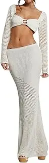 [MALCIKLO] Women's Crochet Knit 2 Piece Skirt Set Hollow Out Crop Top Long Sleeve Backless Tie Up Club Bodycon Dress Outfits