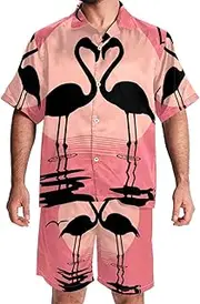 [KQNZT] Men's Hawaiian Shirts and Shorts Set, Mens Short Sets 2 Piece Outfits, Beach Outfits for Men, Valentine Pink Flamingo Silhouette, Men Short Sets Outfits