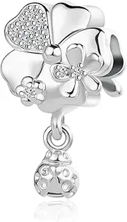 [MiniJewelry] Women Girls Good Luck Lucky Clover Ladybug Dangle Charm Compatible with Pandora Charm Bracelets Crystal Clear CZ Daughter Sister, Copper Cubic Zirconia, Cubic Zirconia