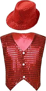 [Aislor] Kids Boys Girls Sequins Vest Top Performance Party Costume Hip Hop Jazz Modern Dance Waistcoat Jacket With Hat