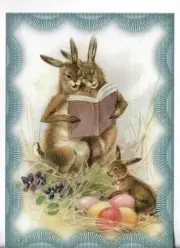 Vtg REPRO Easter Card 4X5.5 Two Rabbits Reading a Book Baby Bunny Eggs Violets