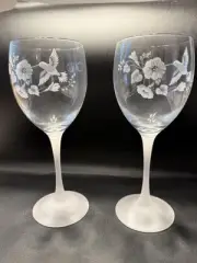 Vintage Avon Hummingbird Crystal Collection-Frosted Stem Set Of 2 Wine Glasses