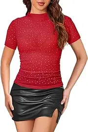 [SEBOWEL] Women's Glitter Tops Sheer Mesh Short Sleeve Shirt Sexy Mesh Top Transparent Blouse Party Top Clubwear