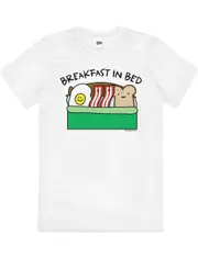 Breakfast in Bed Bacon Eggs Funny Pun Cotton T-Shirt Unisex Tee White Size 3XL