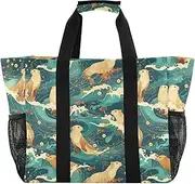[sanluoli] Beach Tote Foldable Beach Bags With Compartments Canvas Laundry Bag Tote, Japanese Sea Dogs Ocean Waves, 1 size