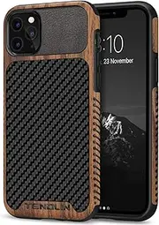 TENDLIN Compatible with iPhone 11 Pro Max Case Wood Grain with Carbon Fiber Texture Design Leather Hybrid Case