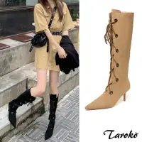 在飛比找momo購物網優惠-【Taroko】完美線條磨砂綁帶尖頭細高跟長筒靴(2色可選)
