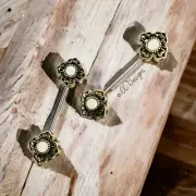14g White Sparkle Faux Opal Burnished Gold IP Filigree nipple rings J187