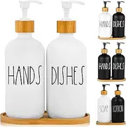 Hand and Dish Soap Dispenser for Kitchen by Brighter Barns - White Kitchen Soap Dispenser Set with Tray - Farmhouse Glass Soap Dispenser - Cute Housewarming, Wedding, Boho Home Decor