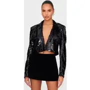 Black Cropped Sequin Blazer, Black