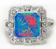 Natural Blue Fire Opal & White Topaz 925 Sterling Silver Ring Jewelry Sz 6